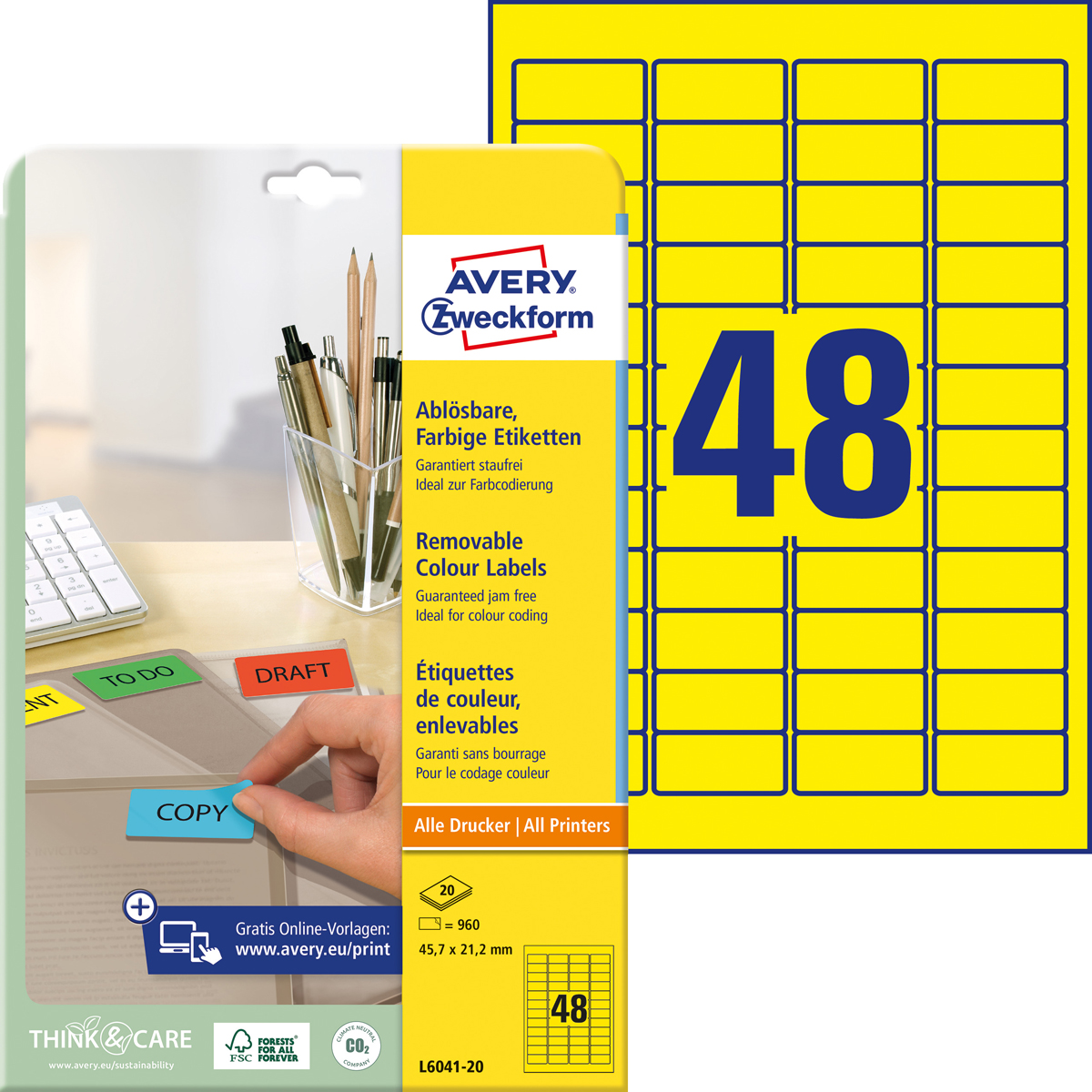 Avery Zweckform L6041-20 Farbige Etiketten, 45,7, x 21,2 mm, 20 Bogen/960 Etiketten, gelb