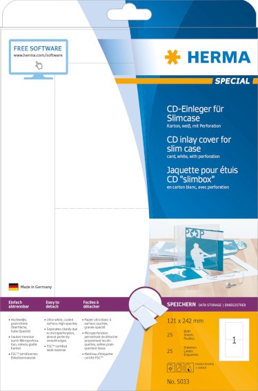 CD-Einleger für Slimcase A4 121x242 mm weiß, Karton perforiert nicht klebend 25 St.