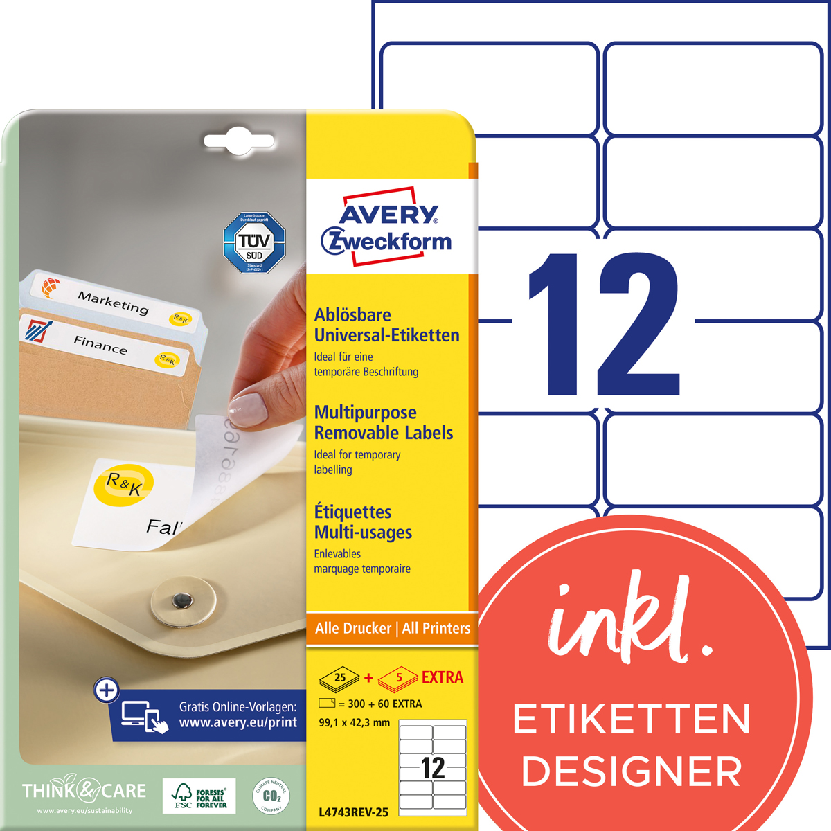 Avery Zweckform L4743REV-25 Universal-Etiketten, 99,1 x 42,3 mm, 30 Bogen/360 Etiketten, weiß