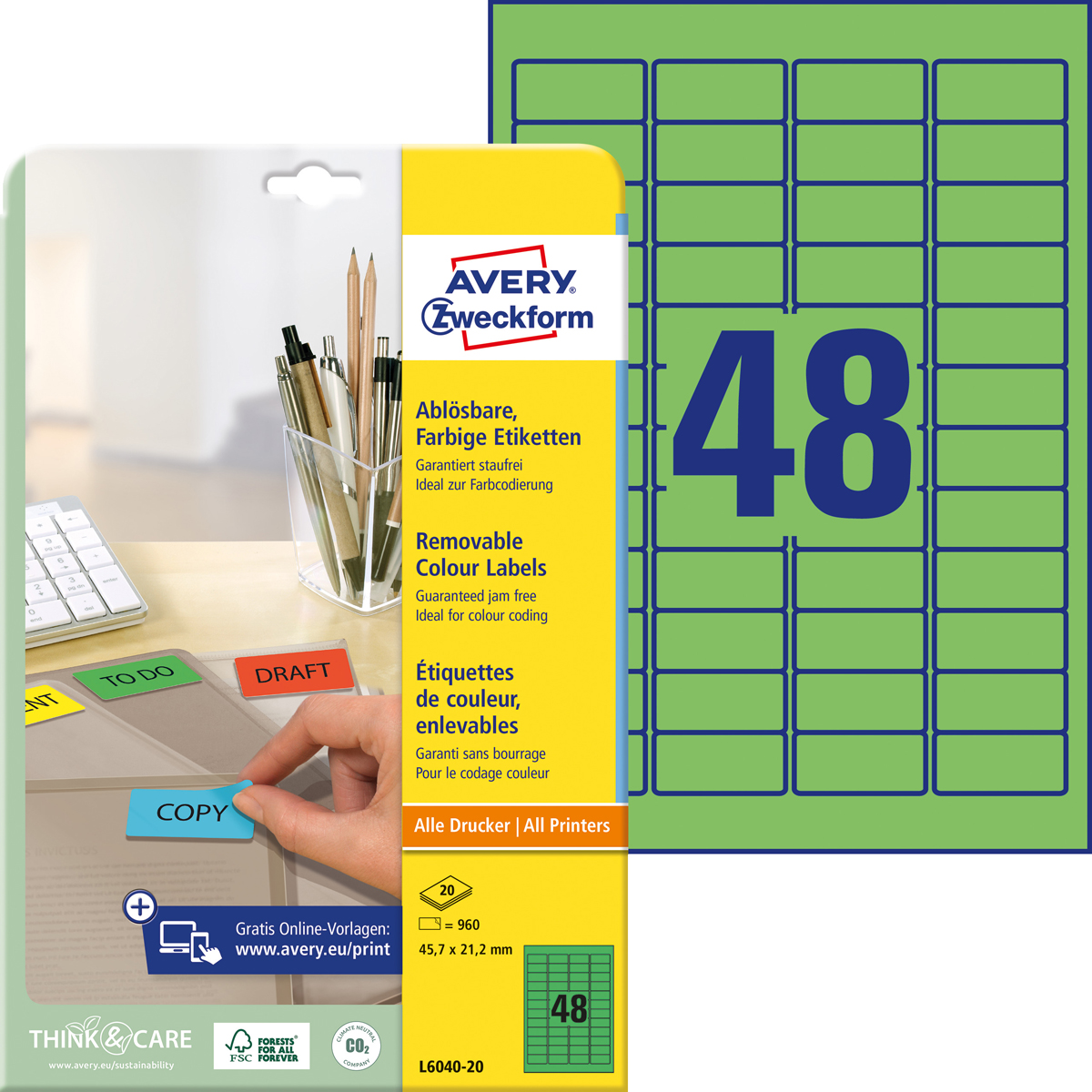 Avery Zweckform L6040-20 Farbige Etiketten, 45,7, x 21,2 mm, 20 Bogen/960 Etiketten, grün