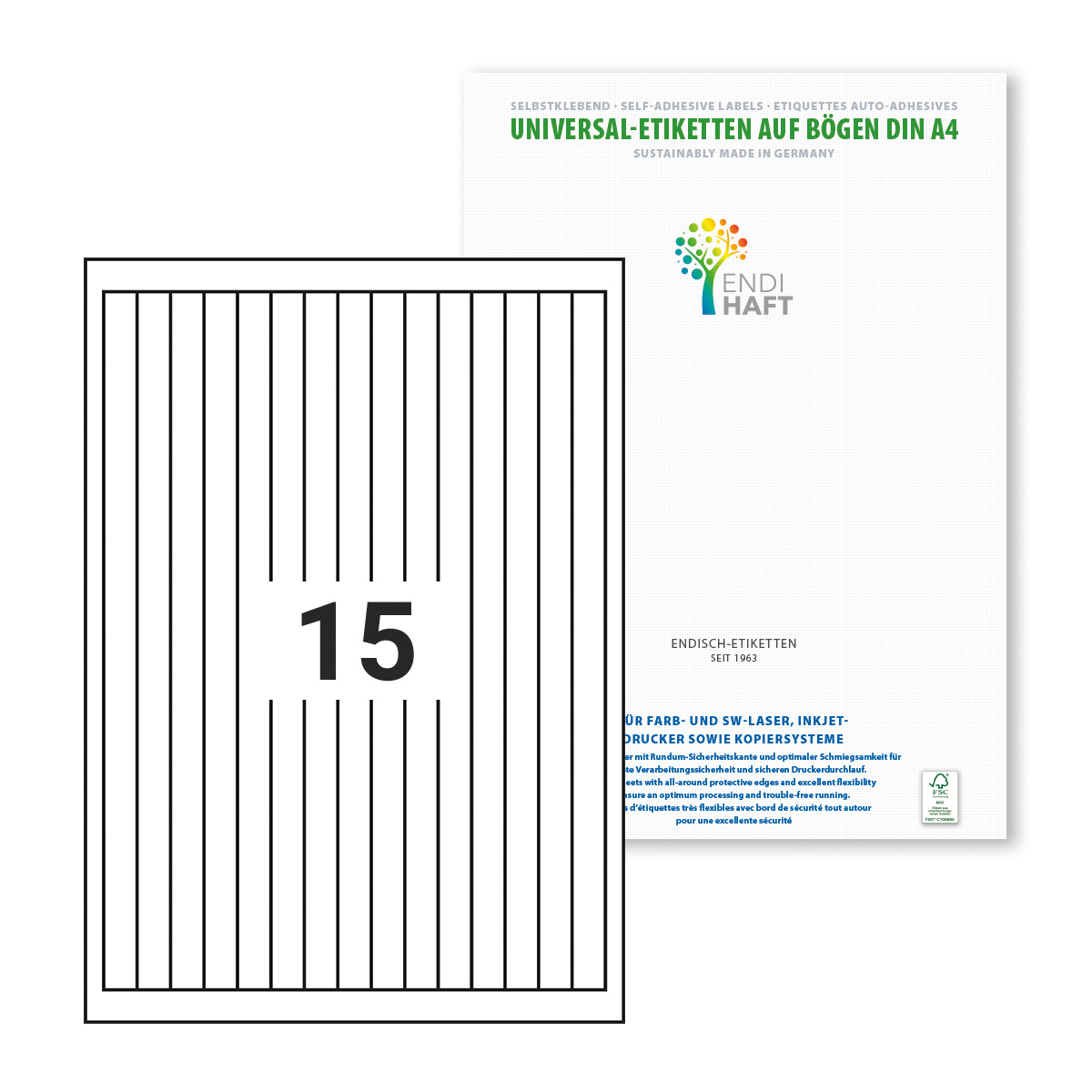 ENDI-HAFT Etiketten, 13x271 mm, weiß, 1500 Etiketten, 100 Blatt A4/Pack