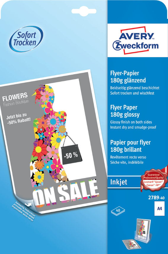 Avery Zweckform 2789-40 Inkjet Flyer-Papier, DIN, A4, beidseitig beschichtet, 180 g/m², 40 Blatt