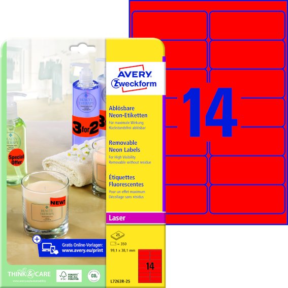 Avery Zweckform L7263R-25 Etiketten in, Sonderfarben, 99,1 x 38,1 mm, 25 Bogen/350