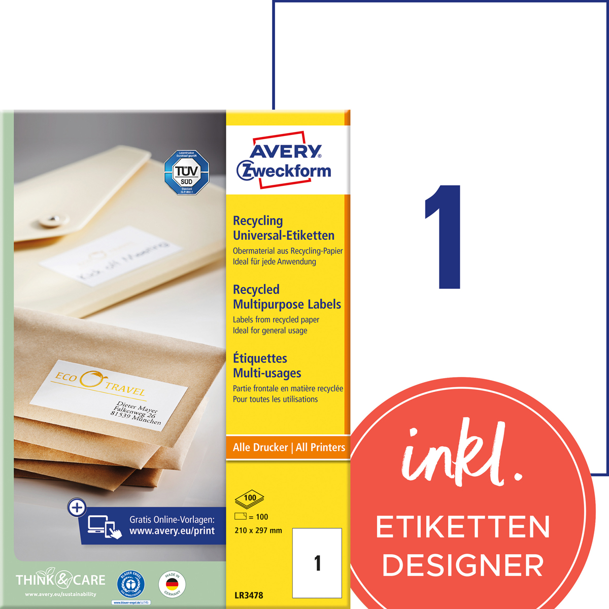 Avery Zweckform LR3478 Recycling, Universal-Etiketten, 210 x 297 mm, 100 Bogen/100