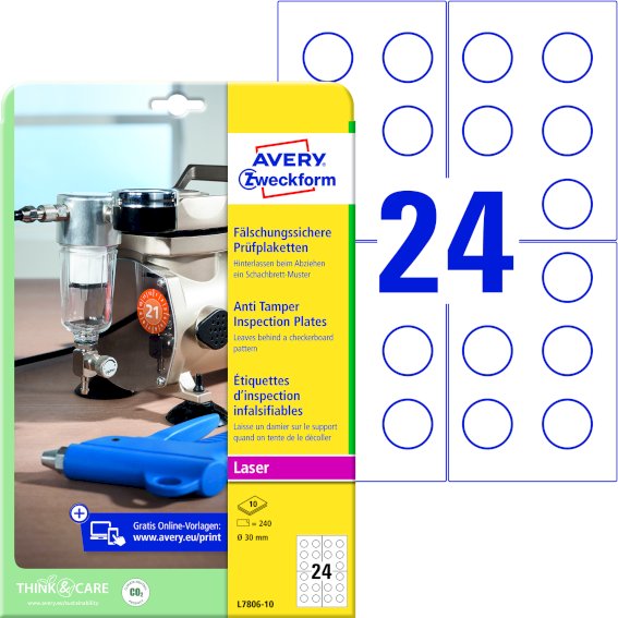 Avery Zweckform L7806-10 Prüfplaketten, Ø 30 mm,, 10 Bogen/240 Etiketten, weiß