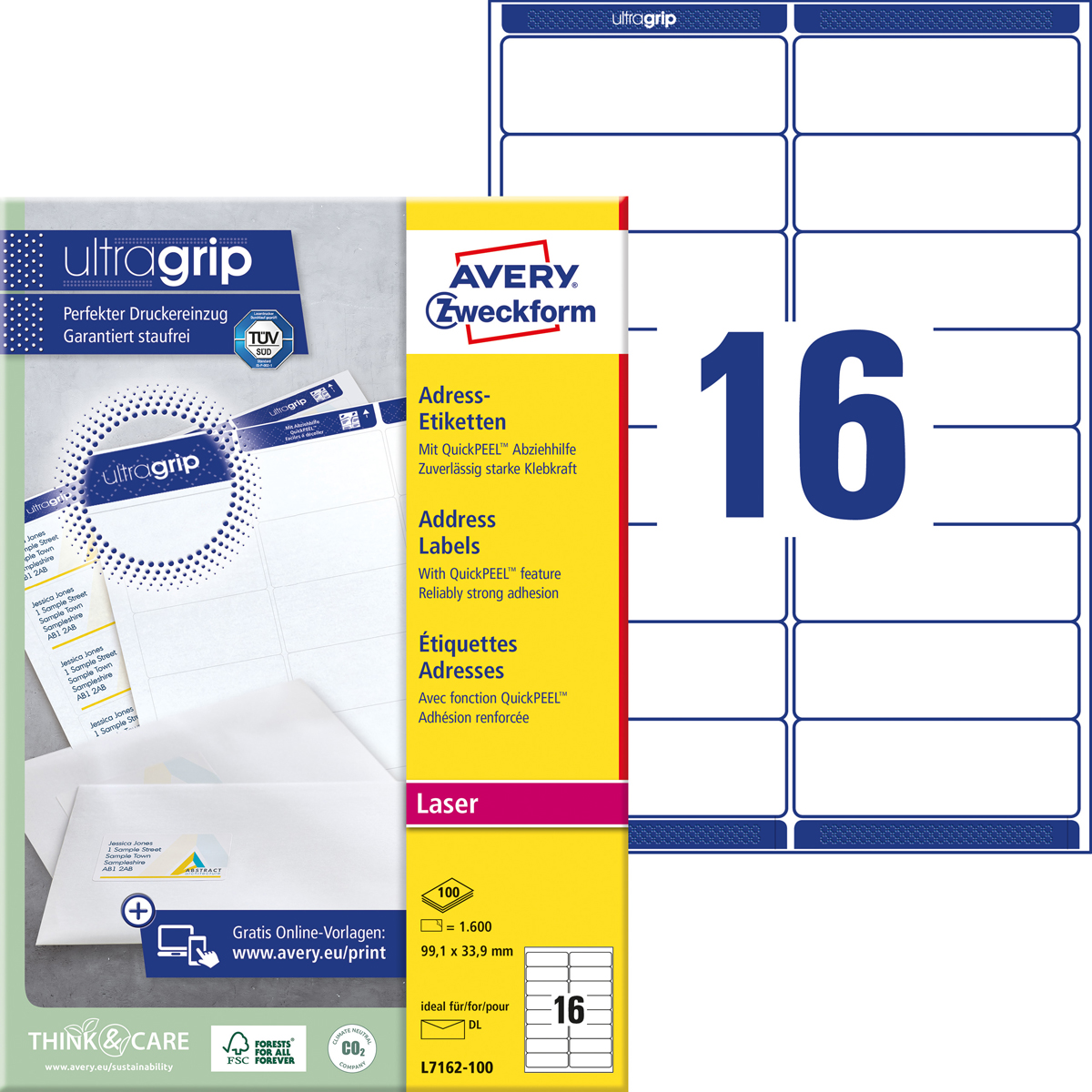 Avery Zweckform L7162-100 Adress-Etiketten, 99,1, x 33,9 mm, 1.600 Etiketten / 100 Bogen, weiß