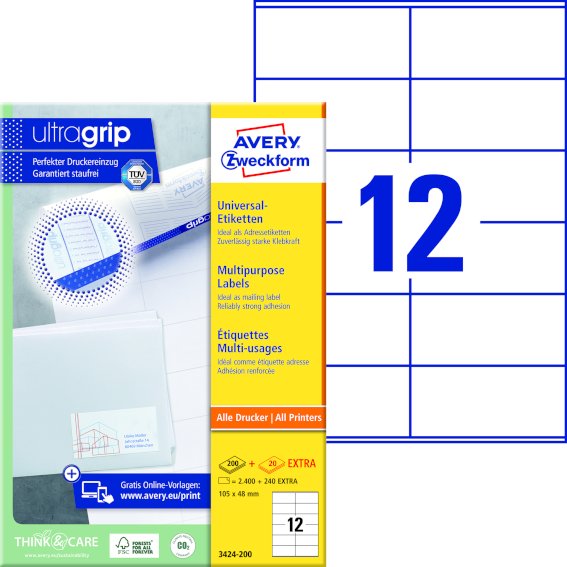 Avery Zweckform 3424-200 Universal-Etiketten, 105, x 48 mm, 2.640 Etiketten / 220 Bogen, weiß