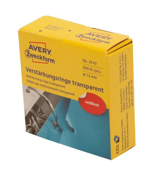 Avery Zweckform 3510 Verstärkungs Ringe, Ø 13 mm,, 1 Rolle/500 Verstärkungsringe, transparent