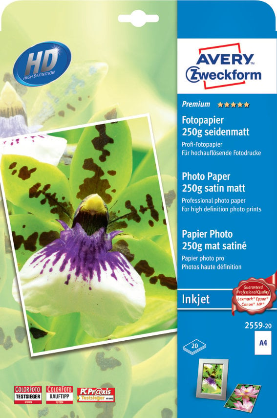 Avery Zweckform 2559-20 Premium Inkjet Fotopapier, , DIN A4, einseitig beschichtet, 250 g/m², 20