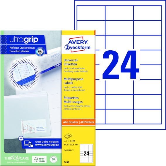 Avery Zweckform 3658 Universal-Etiketten, 64,6 x, 33,8 mm, 2.400 Etiketten / 100 Bogen, weiß