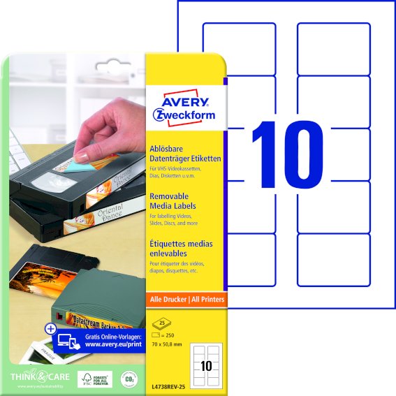 Avery Zweckform L4738REV-25 Etiketten für, Disketten, 70 x 50,8 mm, 25 Bogen/250 Etiketten,