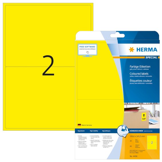 Farbige Etiketten A4 199,6x143,5 mm gelb ablösbar, Papier matt 40 St.