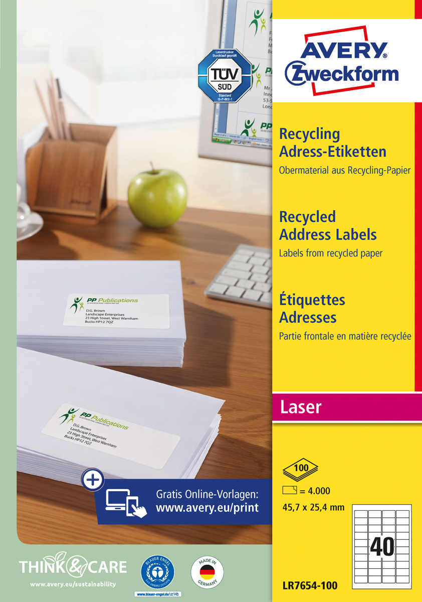 Avery Zweckform LR7654-100 Recycling, Adress-Etiketten, 45,7 x 25,4 mm, 4.000 Etiketten