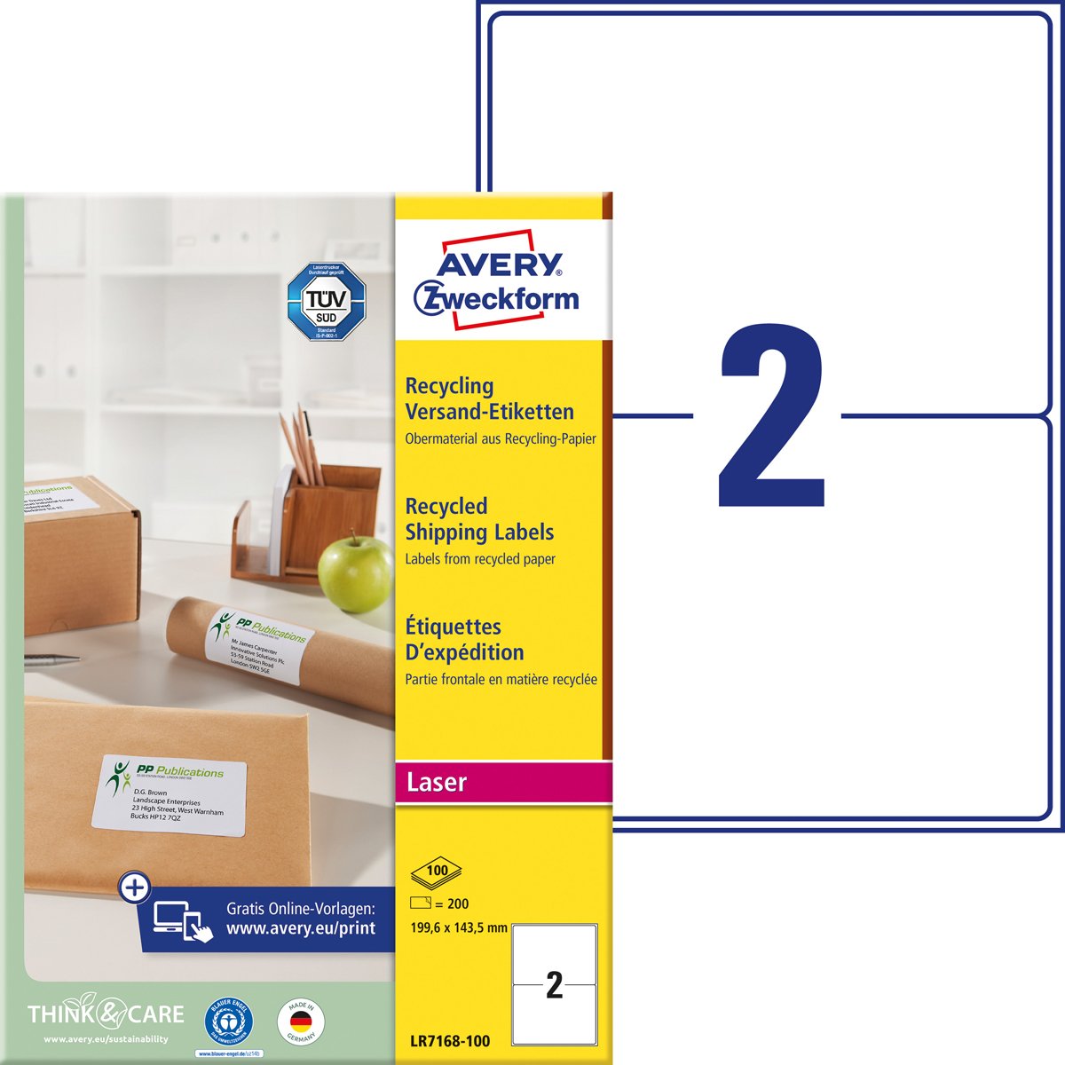 Avery Zweckform LR7168-100 Recycling, Versand-Etiketten, 199,6 x 143,5 mm, Pakete und
