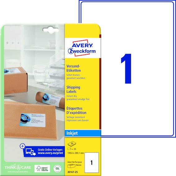 Avery Zweckform J8167-25 Versandetiketten, 199,6, x 289,1 mm, Pakete und Päckchen, 25 Bogen/25