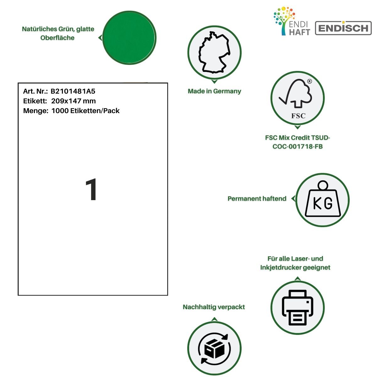 ENDI-HAFT Etiketten, Etikettenbögen DIN A5, grün, 1000 Etiketten, 1000 Blatt/Pack