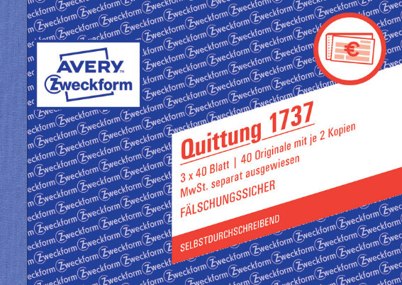 Avery Zweckform 1737 Quittung MwSt. separat, ausgewiesen, A6 quer, selbstdurchschreibend, 3x40