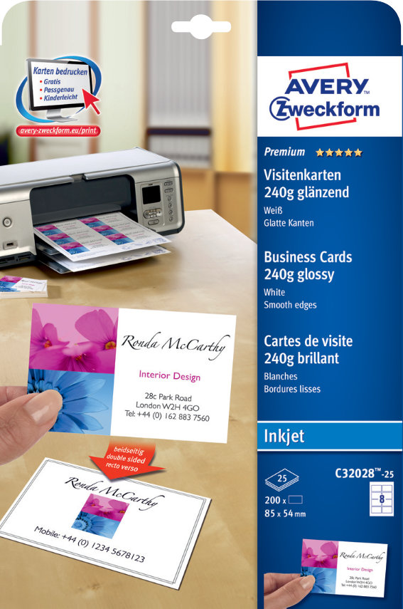 Avery Zweckform C32028-25 Premium Visitenkarten,, 85 x 54 mm, beidseitig beschichtet, 200 Karten /