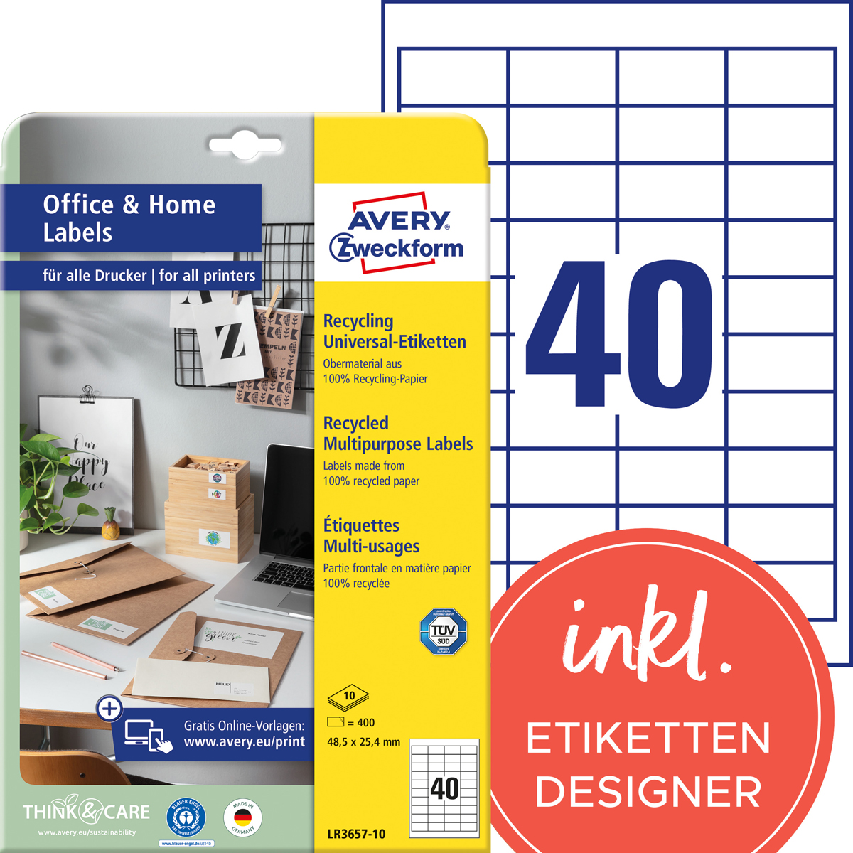 Avery Zweckform LR3657-10 Recycling, Universal-Etiketten, 48,5 x 25,4 mm, 10 Blatt/400