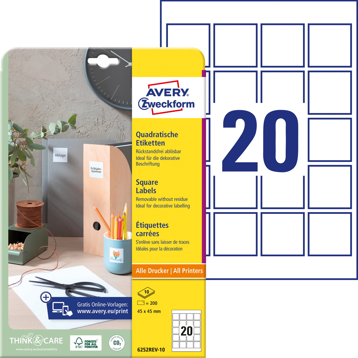 Avery Zweckform 6252REV-10 Etiketten, 45 x 45 mm, 200 Etiketten, 10 Bogen weiß ablösbar