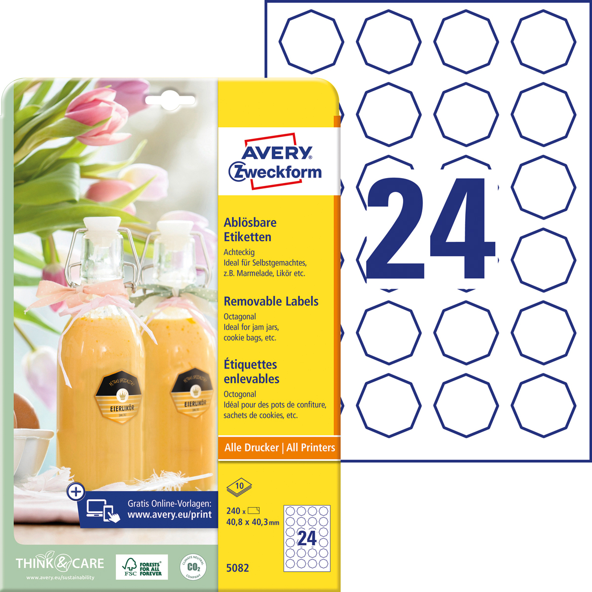 Avery Zweckform Flaschenetiketten, Achteckig, 40,8 x 40,3 mm, 10 Bogen/240 Etiketten, weiß