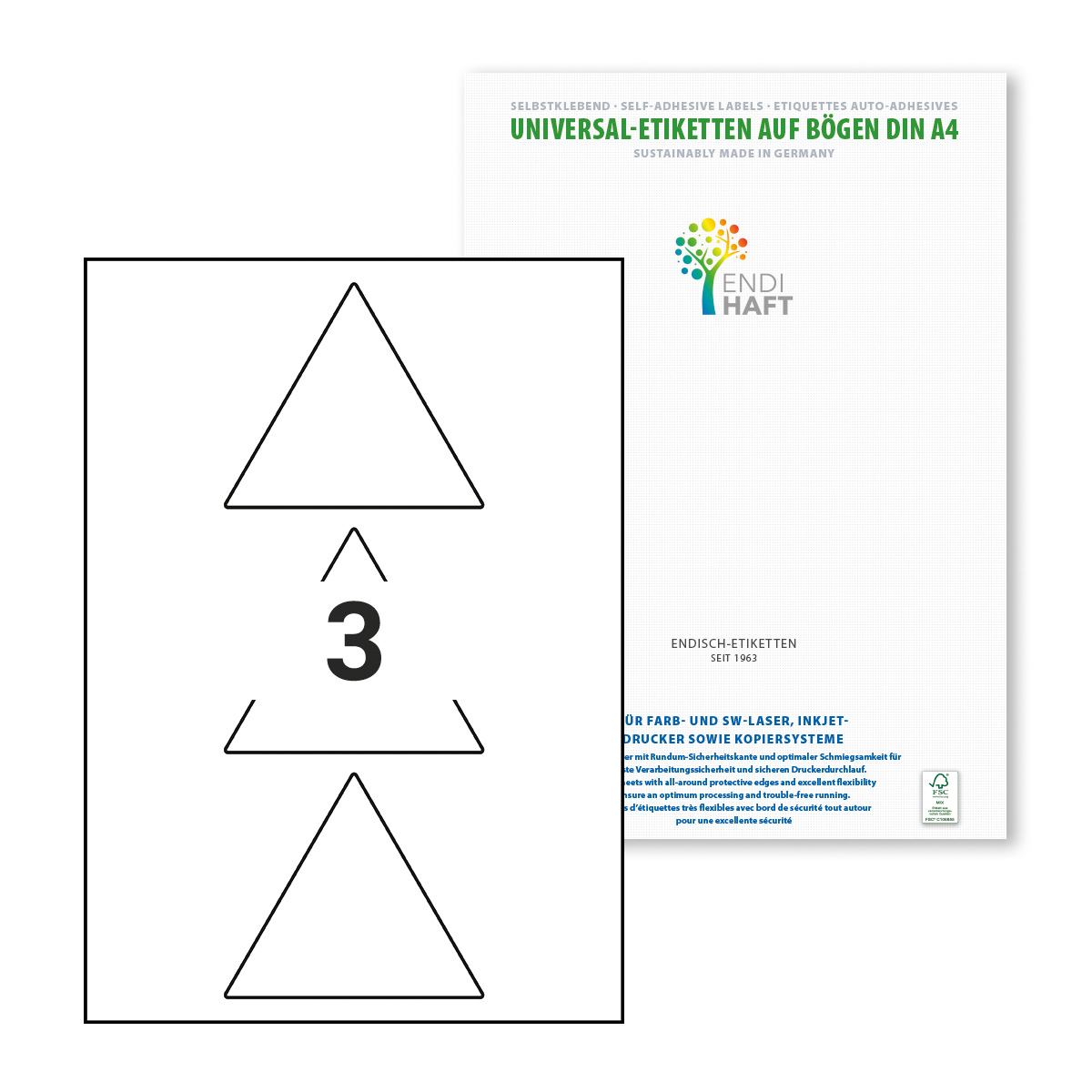 ENDI-HAFT Etiketten, 100 mm, weiß glänz. dreieck., 150 Etiketten, 50 Blatt A4/Pack