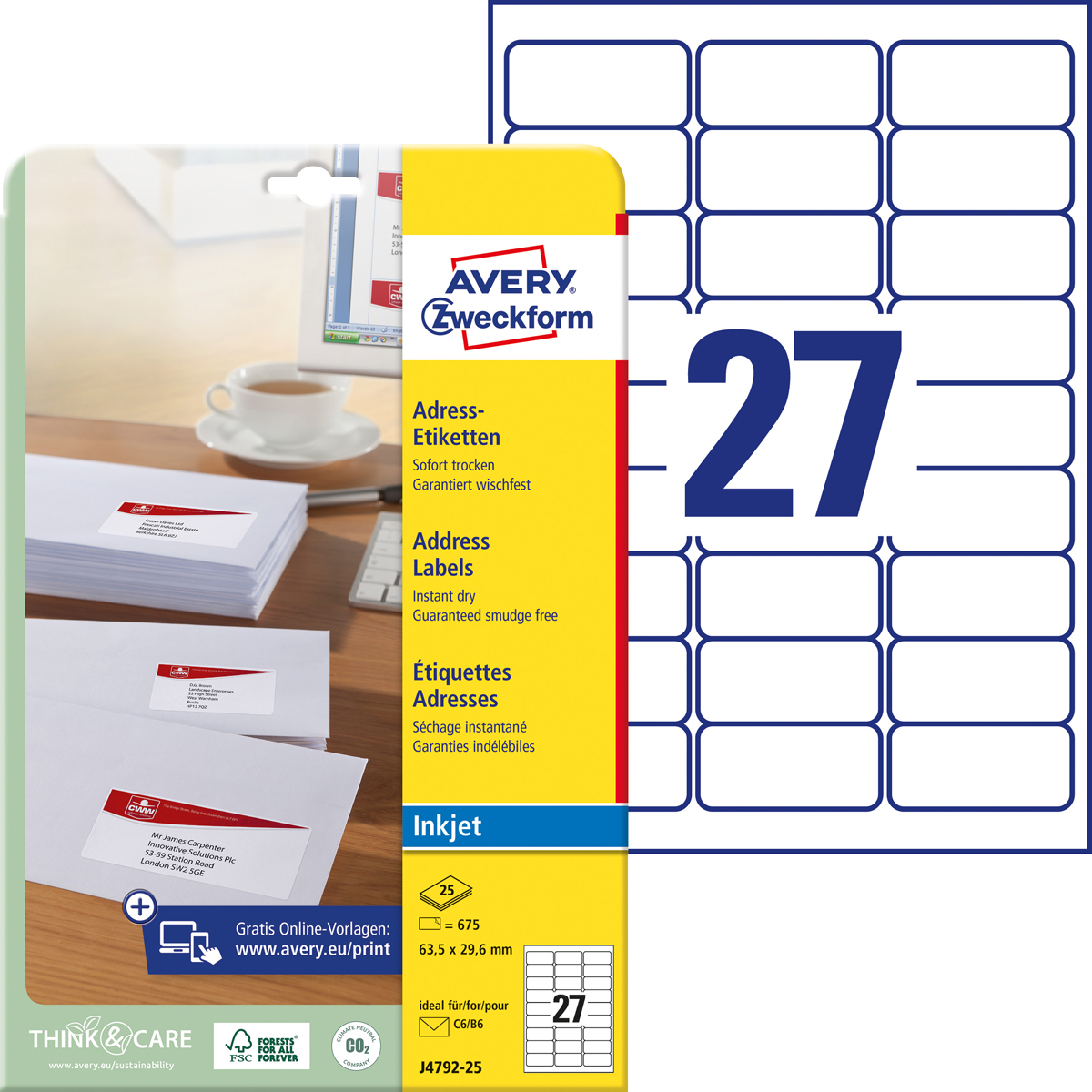 Avery Zweckform J4792-25 Adress-Etiketten, 63,5 x, 29,6 mm, C6 Kuverts, 25 Bogen/675 Etiketten, weiß