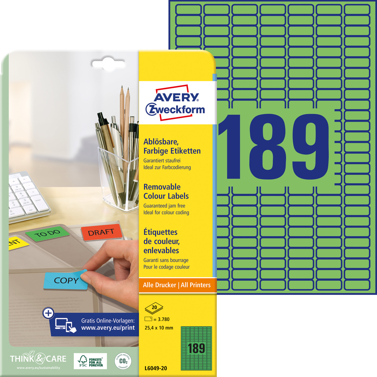 Avery Zweckform L6049-20 Farbige Etiketten, 25,4, x 10 mm, 20 Bogen/3.780 Etiketten, grün