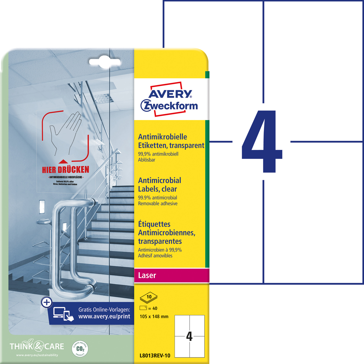 Avery ZweckformL8013REV-10 Antimikrobielle Etiketten, 105x148 mm, 10 Bogen/40 Etiketten, ablösbar trans.
