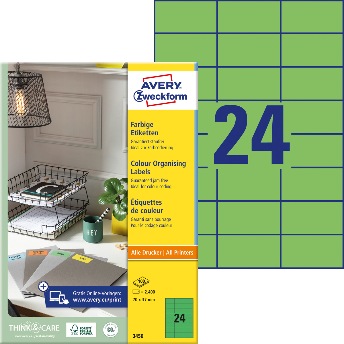 Avery Zweckform 3450 Farbige Etiketten, 70 x 37, mm, 100 Bogen/2.400 Etiketten, grün